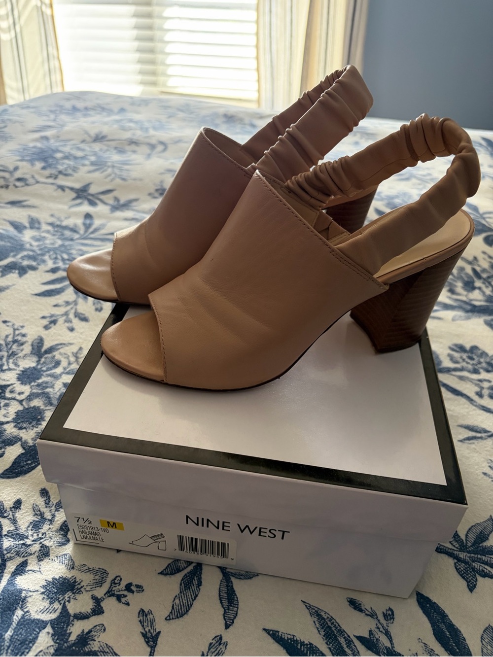 Nine West Nude Beige Slingback Block Heel Sandals